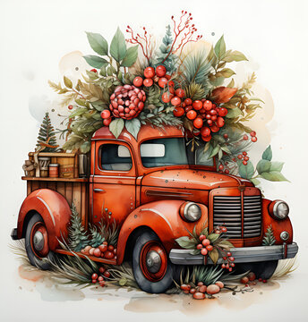 Red Christmas pickup truck with flowers
