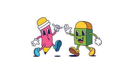 Retro cartoon meets pencil and eraser couple. Happy characters walk and greet each other. illustration for t-shirt prints or poster designs.