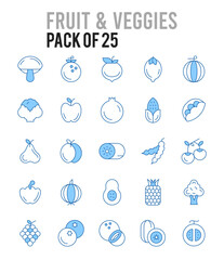25 Fruit and Veggies. Two Color icons Pack. vector illustration.