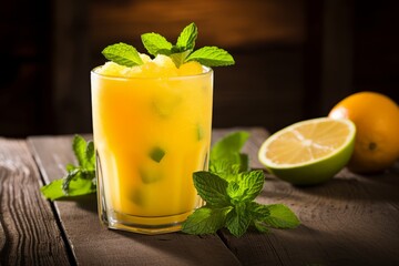 Fototapeta premium A refreshing glass of homemade mango lemonade, garnished with a slice of lemon and mint leaves, sitting on a rustic wooden table in a sunny garden setting