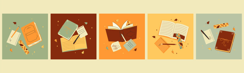 Notebooks, organizers for to do lists, personal plans, goals. Diary with stick notes, bookmarks, envelope, pencil, pen. Set of five isolated Hand drawn modern Vector illustrations