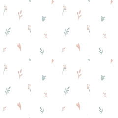 Seamless watercolor floral pattern pink blush flowers elements, green leaves branches on white backgroundfor wrappers, wallpapers, greeting cards, wedding invites