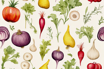Colorless vegetables watercolour seamless pattern.