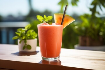 A refreshing Mango Watermelon Smoothie served in a tall glass with a straw, garnished with fresh mint leaves, on a sunny outdoor patio table