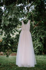 The bride's dress hangs under a large oak tree