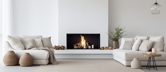 Spacious white living room with a modern fireplace cozy sofa and patterned pillows adorned with beige rugs With copyspace for text