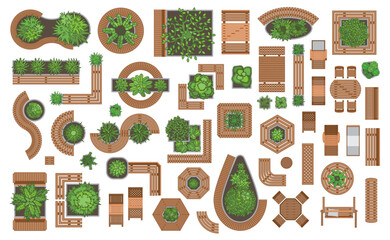 Icons set. Wooden outdoor furniture,  patio items and green plants. (top view) Isolated Vector Illustration. Tables, benches, chairs, sunbeds, swings. (view from above).