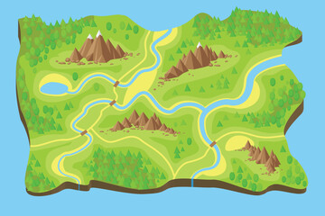Vector illustration. Top view of the valley surrounded by the sea.  Island, land, grass, mountains, snow, green forest, rivers. - 660932474