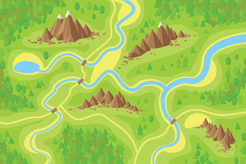 Vector illustration. Top view of the valley.  Earth, grass, mountains, snow, green forest, trees, rivers. - 660932475