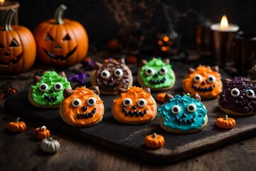 Funny delicious ginger biscuits for Halloween on the table in form of monsters. AI generated
