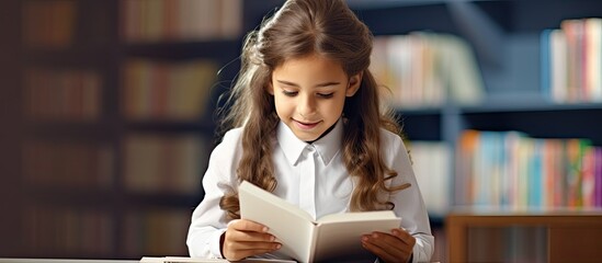 Schoolgirl reading in classroom With copyspace for text