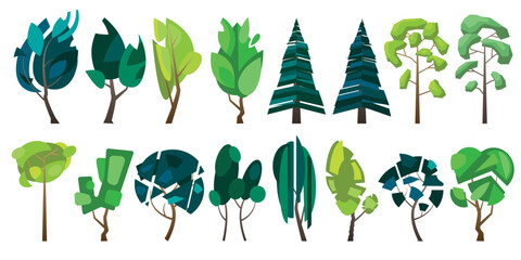 A set of stylish isolated vector illustrations of various types of trees
