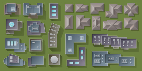 Vector illustration of an overhead view of different types of roofs of modern houses with windows, ventilation. Top view to create an architectural plan of a district, city, village. View from above - 660932496