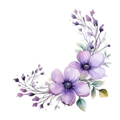 Watercolor floral wreath of purple flowers on a white background, lilac branches and foliage. Botanical illustration of flowers. Wedding decorations for design.