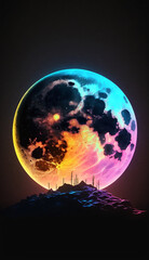 Full moon, big artistic neon moon, solid back background, moddy dim lighting. Generative AI	
