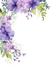 Watercolor floral wreath of purple flowers on a white background, lilac branches and foliage. Botanical illustration of flowers. Wedding decorations for design.