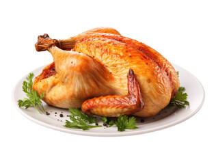 Roasted chicken or turkey on the plate isolated on transparent background, generated by IA