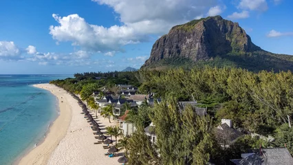 Poster Le Morne, Maurice Le Morne tropical beach and famous kite, surf spot aerial panoramic view with palm trees and white sand blue ocean and sunbeds with umbrellas, Mauritius