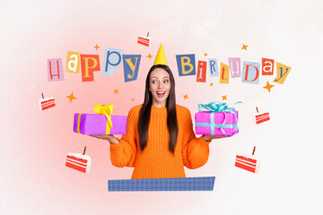Magazine collage picture of excited funny lady getting birthday presents isolated drawing background