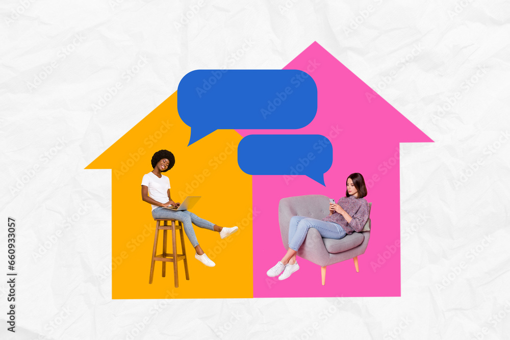 Aufkleber collage pop sketch image of smiling ladies chatting device empty space isolated white color backgrou