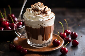 A deliciously tempting close-up shot of a chocolate and cherry coffee, beautifully garnished with whipped cream and a single ripe cherry