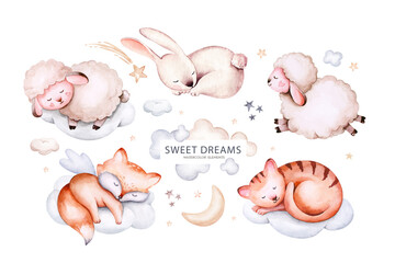 Watercolor cat kitty hand drawn illustration of a cute baby sheep, lamb, sleeping rabbit and bunny, fox and cat on the moon and the cloud. Baby Shower nursery Theme Invitation