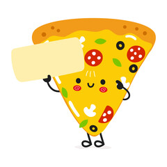 Cute funny Slice of pizza poster character. Vector hand drawn cartoon kawaii character illustration. Isolated white background. Pizza poster
