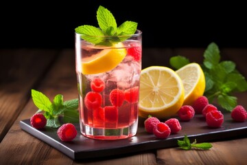 A vibrant, refreshing glass of Raspberry and Lemon Fizz, garnished with fresh mint leaves, served on a rustic wooden table