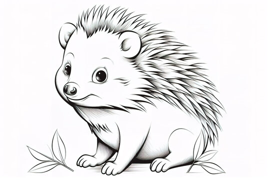 Kids coloring book image, hedgehog, basic line drawing, simple image for young children to be able to color in.