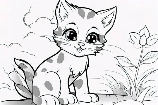Kids coloring book image, kitten, basic line drawing, simple image for young children to be able to color in.