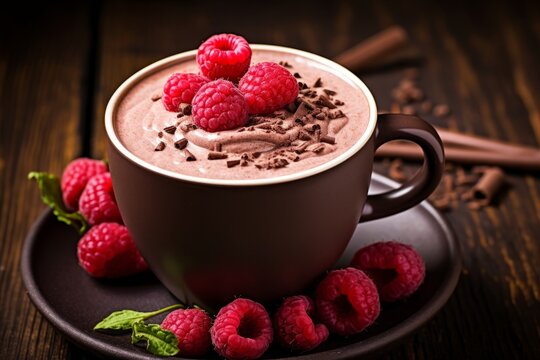 A close-up shot of a delicious raspberry and chocolate coffee, garnished with fresh raspberries and a dusting of cocoa powder on a rustic wooden table