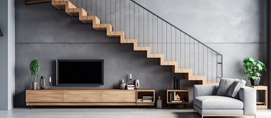 Small stylish living room with modern wooden stairs silver railing wooden furniture TV and gray...