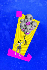 Image collage pinup pop picture of funky girl no face hold rope air balloons isolated on blue...