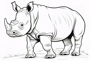 Kids coloring book image, rhinoceros cub, basic line drawing, simple image for young children to be able to color in. - obrazy, fototapety, plakaty