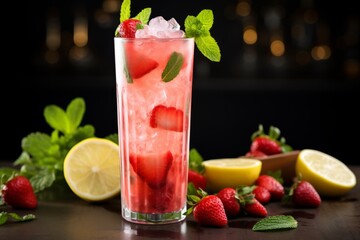 A refreshing summer delight, a beautifully presented lemon and strawberry spritzer, served in a tall glass with ice and garnished with fresh mint leaves