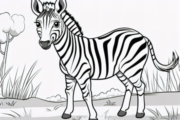 Kids coloring book image, zebra cub, basic line drawing, simple image for young children to be able to color in.