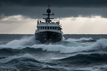 Navigate the dangerous sea or ocean waters with a sizable yacht braving massive waves in this captivating scene. Ai generated