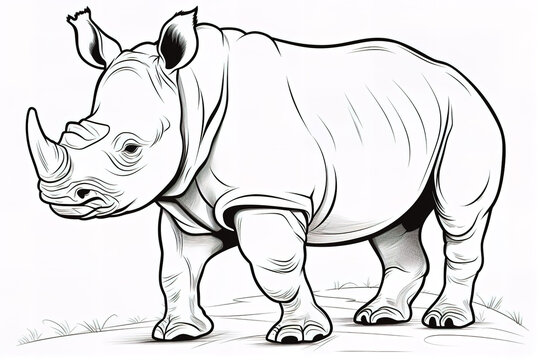 Kids coloring book image, rhinoceros cub, basic line drawing, simple image for young children to be able to color in.