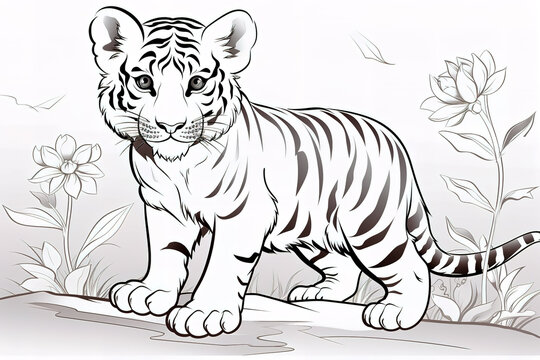 Kids coloring book image, tiger cub, basic line drawing, simple image for young children to be able to color in.