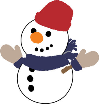 Cute And Fun Vector Drawing Illustration Of White Snowman With Black Line For Christmas, New Year And Winter Holiday