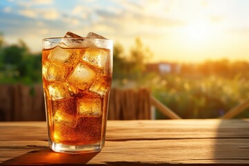 A refreshing glass of Diet Cola, glistening with condensation, sits on a rustic wooden table, bathed in the warm glow of the setting sun - obrazy, fototapety, plakaty