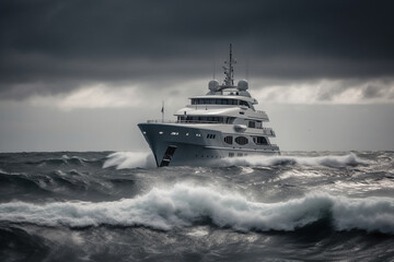Navigate the dangerous sea or ocean waters with a sizable yacht braving massive waves in this captivating scene. Ai generated