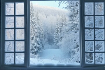 Beautiful winter scenery viewed through a window. Generative AI