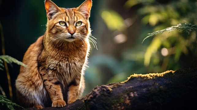 Asian golden cat in a forest. Catopuma temminckii family of Felidae.