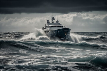 Navigate the dangerous sea or ocean waters with a sizable yacht braving massive waves in this captivating scene. Ai generated