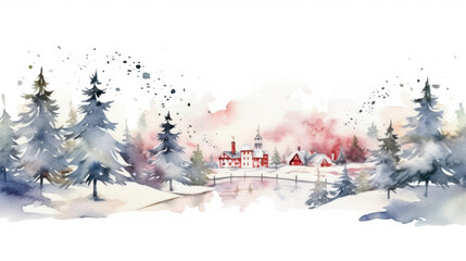 Watercolor Red buildings in the snow during winter time - obrazy, fototapety, plakaty