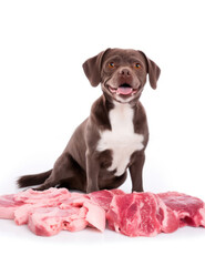 happy Dog and a lot of raw fresh meat in white studio, natural organic food for pets