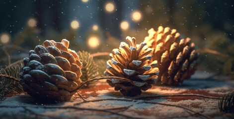 Pinecones in snow with bokeh lights in background