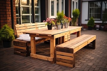 DIY benches and a table made of euro pallets - obrazy, fototapety, plakaty