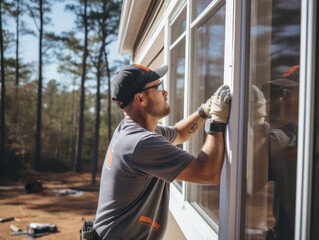 Construction worker in protective gloves installing sliding window in new house - obrazy, fototapety, plakaty